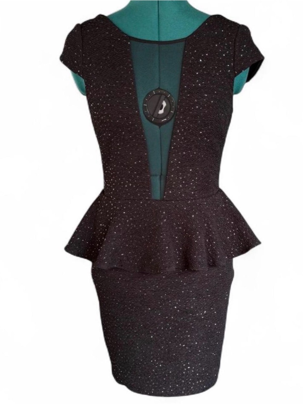 Arden B Black Sparkle Peplum Dress with Deep V Mesh Inset